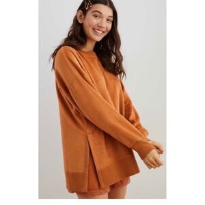 Aerie Oversized Textured Fleece Crewneck Sweatshirt Burnt Orange Side Slit Large